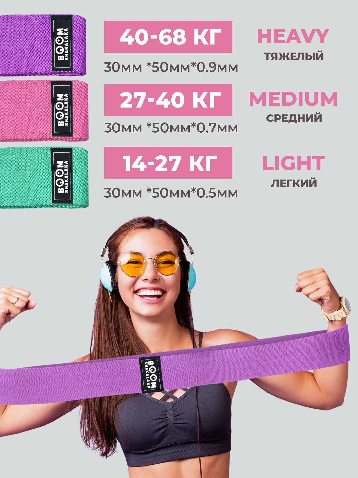 Фитнес-резинки тканевые Boomshakalaka широкие, набор из 3 шт.+мешочек,38 х 8см, нагрузка 10-15кг,14-22кг,20-32кг/эспандеры для йоги/эспандер тканевый — фото 1