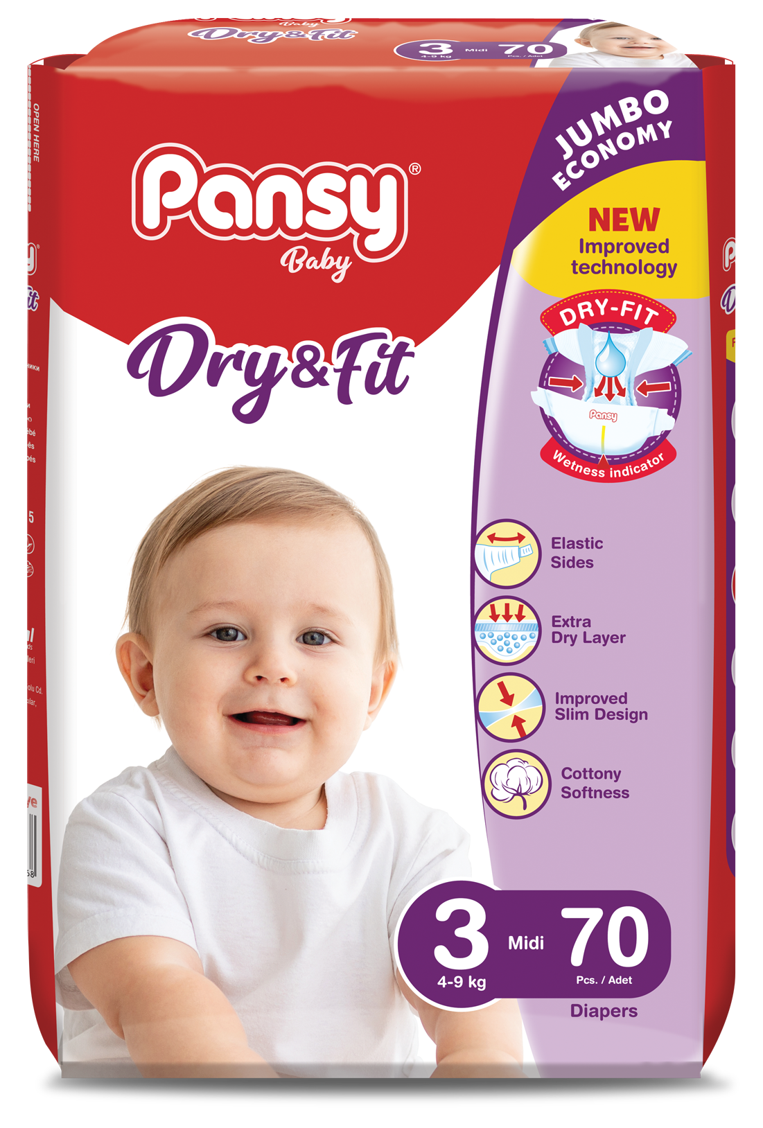 Подгузники Pansy Midi Jumbo, 3 размер, дышащие, для малышей 4-9 кг, 70 шт.