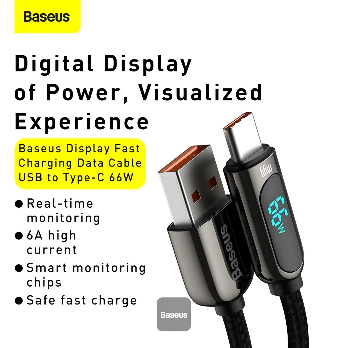 USB кабель BASEUS CASX020001 66W Display, USB-A на USB-C, быстрая зарядка, 1м