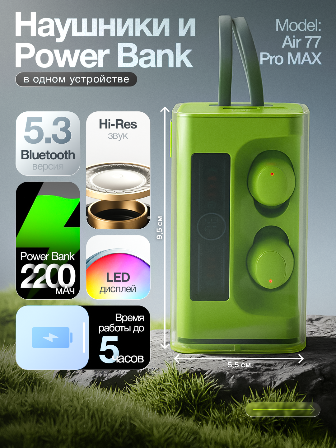 Беспроводные наушники Air 77 Pro MAX с кейсом Power Bank 2200 мА·ч, Bluetooth 5.3