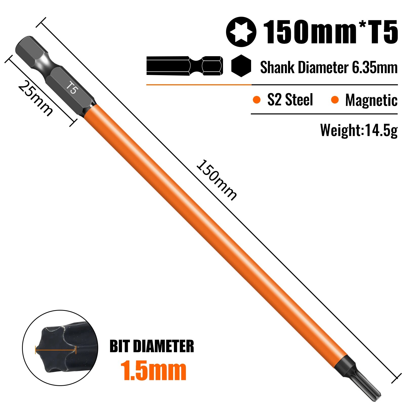 Насадка Torx T5 150 мм, S2 сталь, магнитная