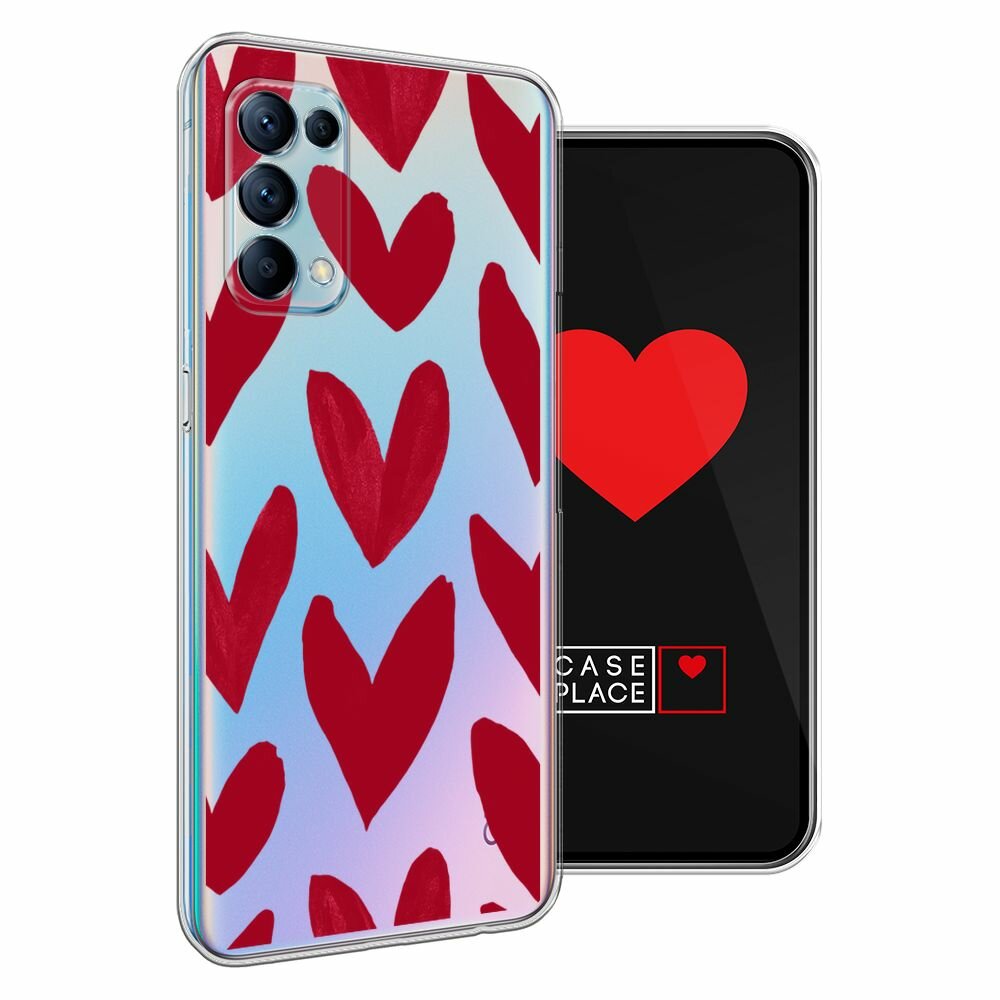 Чехол на Oppo Reno 5 / Оппо Рено 5 с принтом "Красные сердечки рисунок - 14 февраля", прозрачный — фото 1