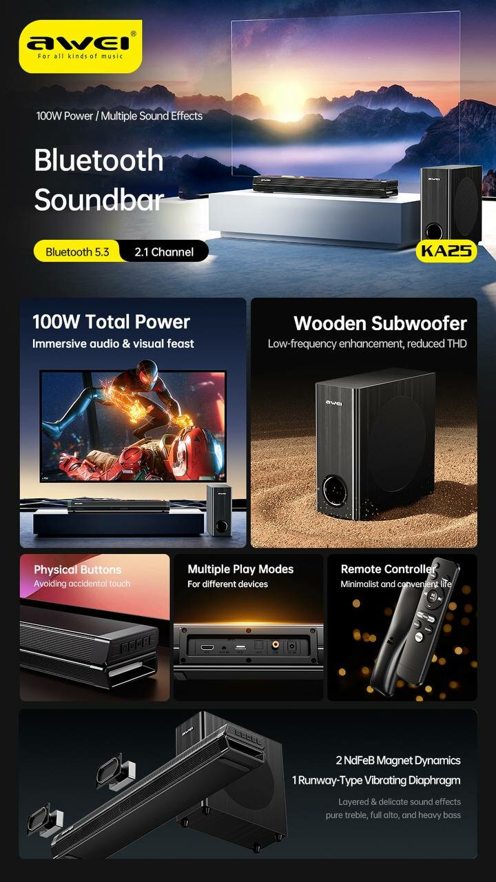 Awei KA25 — саундбар с сабвуфером 2.1, мощность 100 Вт, Bluetooth 5.3, HDMI ARC, оптический, AUX, USB — фото 1