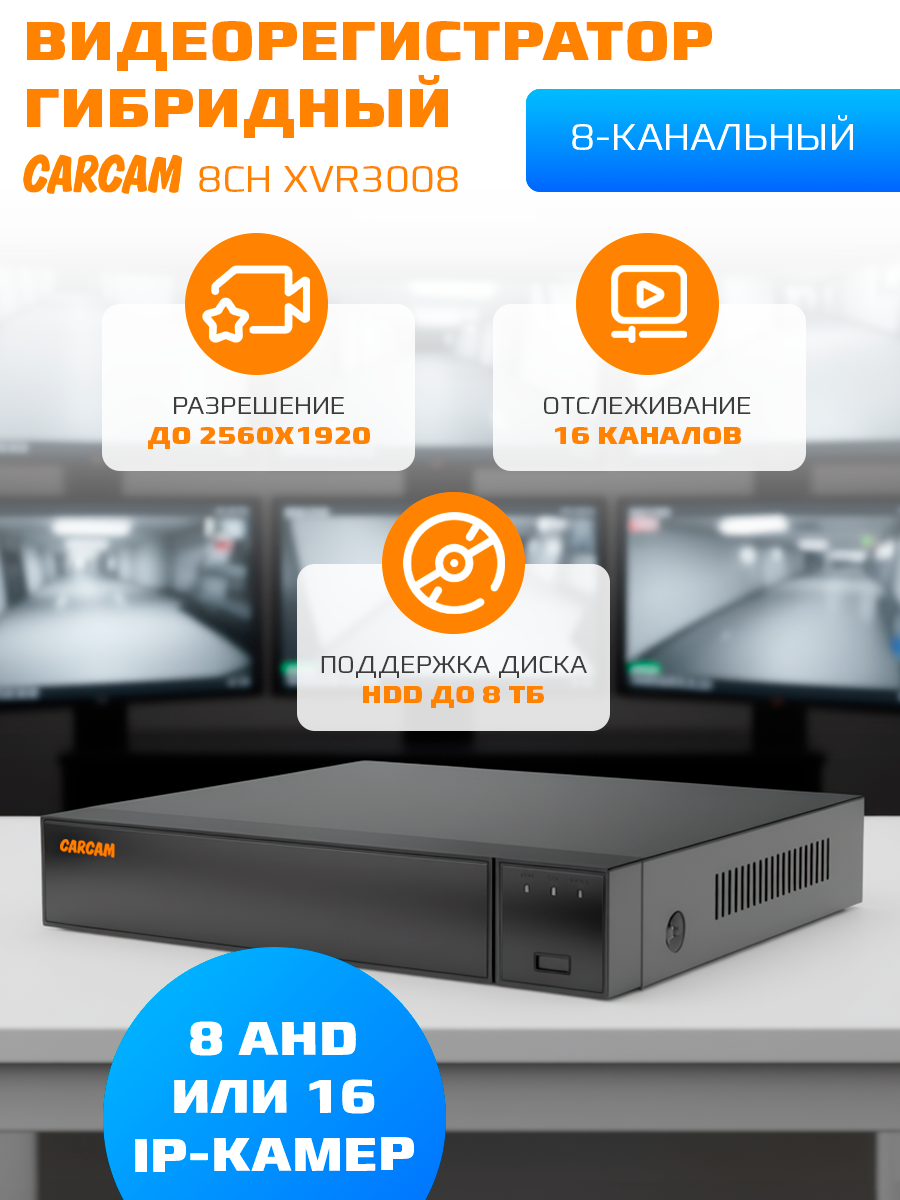 Гибридный видеорегистратор 8-канальный CARCAM XVR3008 До 25 Вт