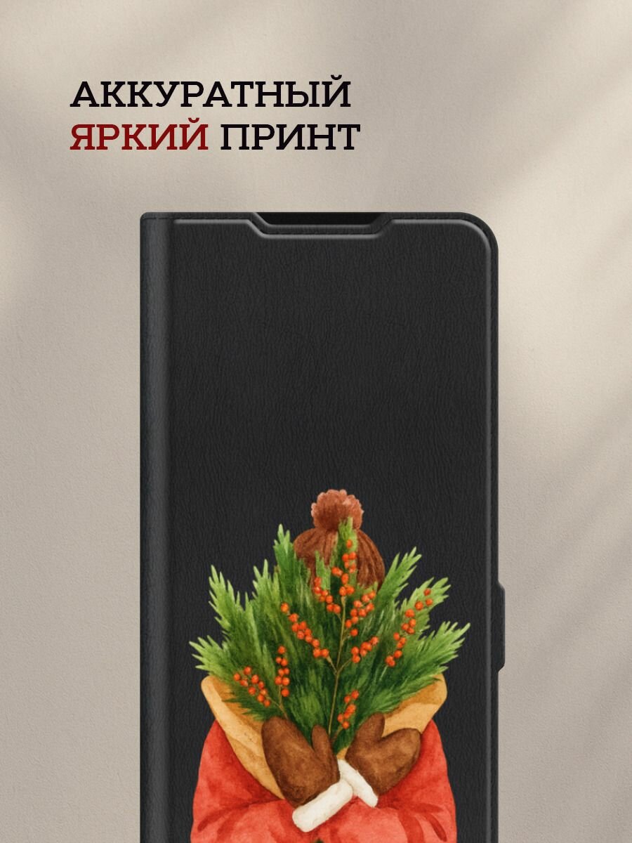 Чехол-книжка на Samsung Galaxy A17 / Самсунг А17 с рисунком Девушка с елочными ветками, черный — фото 1