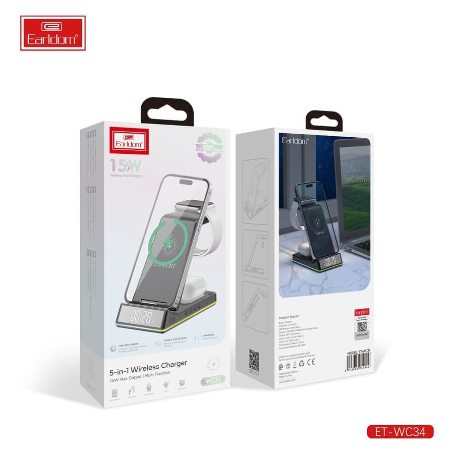 Беспроводная зарядная станция Earldom ET-WC34 5-в-1, 15W Fast Charge, с часами и будильником