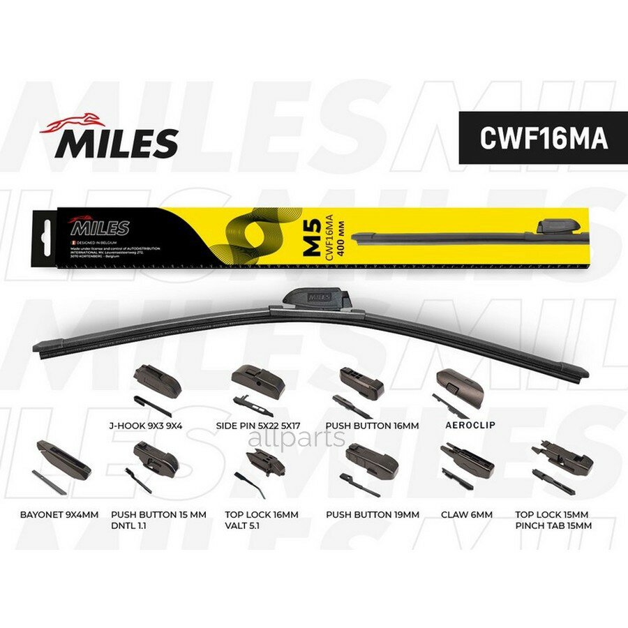MILES CWF16MA Щетка с/о 400 мм (16") бескаркасная (10 адаптеров)