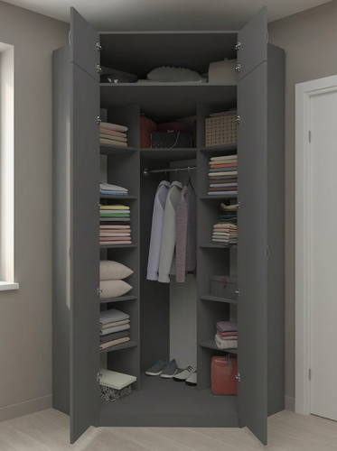 Изображение товара Шкаф угловой распашной Анри-16 с антресолью, 13 полками и штангой для вешалок, графит