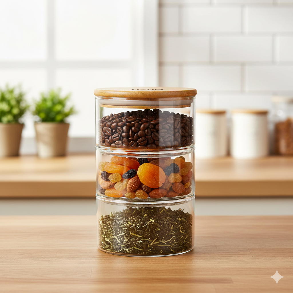 Набор банок для хранения из 3 ярусов, стеклянный органайзер с бамбуковой крышкой