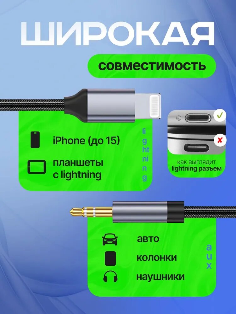 Кабель AUX ESSAGER, Lightning-miniJack, 3,5мм, тканевая оплётка, черный — фото 1
