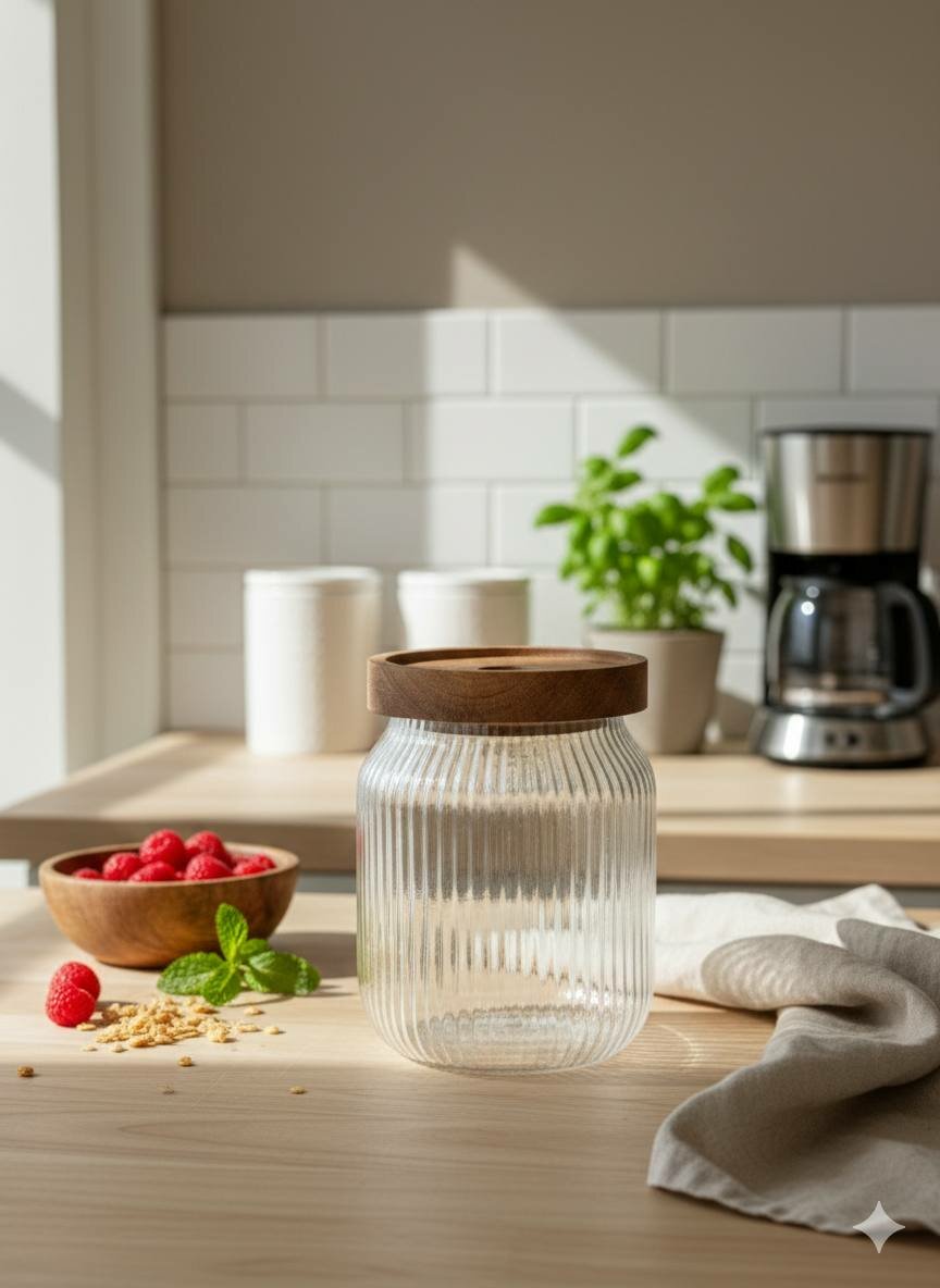 Стеклянная банка для хранения продуктов с натуральной деревянной крышкой, объём 700 мл с ребристой поверхнойстью (X-GL9E)