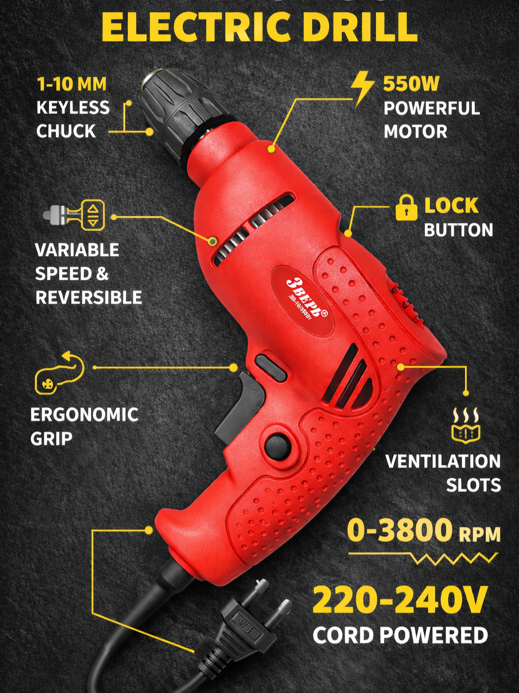 Электрическая дрель, дрель 550w, ручная дрель, дрель для дома, строительная дрель, профессиональная дрель, дрель