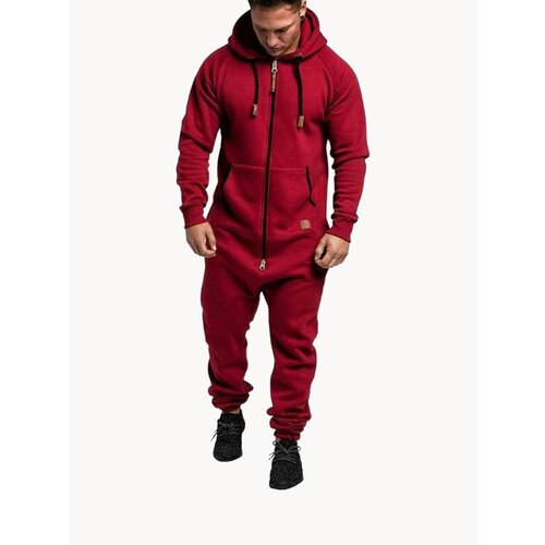 Мужской утепленный флисовый комбинезон с капюшоном и карманами (однотонный, свободный крой) для зимнего отдыха и рыбалки мягкий, легкий