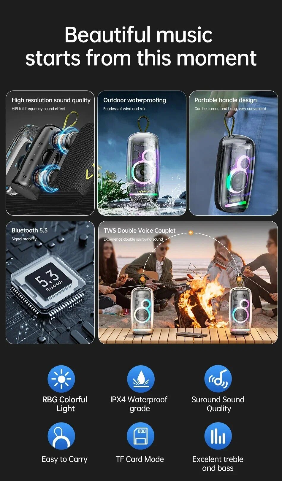 Портативная колонка Awei KA32 TWS, Bluetooth, 20W, 2400mAh, RGB