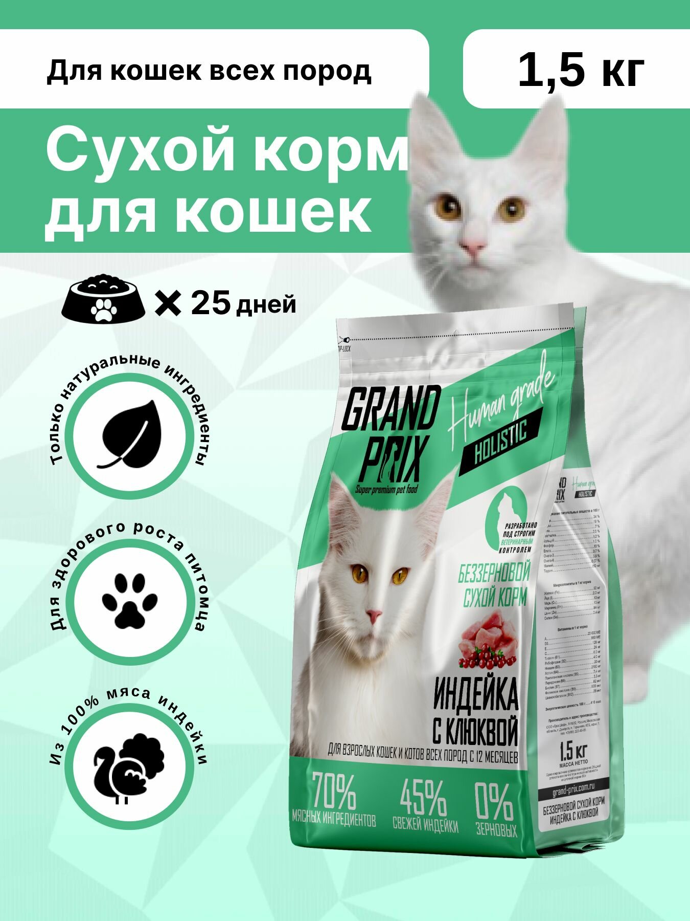 Сухой корм для кошек Grand Prix беззерновой холистик с индейкой 1,5 кг