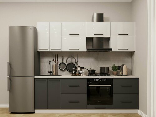 Изображение товара Модульная кухня прямая ЛДСП 2,4м белый глянец/графит со столешницей и модулем под духовой шкаф мебельный РАЙ П4.1