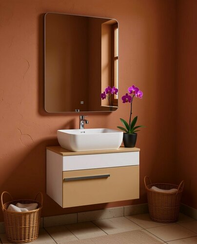 Изображение товара Мебель для ванной Вудлайн 65, белый-кремовый, раковина Квадра, зеркало Руан 60х80