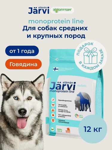Изображение товара Сухой корм Jarvi Monoprotein line гипоаллергенный holistic для взрослых собак средних и крупных пород с говядиной, 12 кг