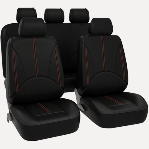 Изображение товара Авточехлы Kraft "ELITE", экокожа, черные/красная строчка