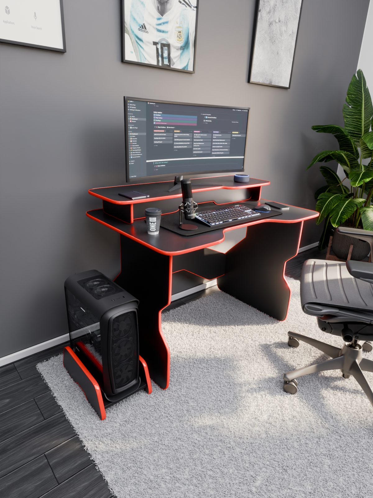 Игровой геймерский стол для компьютера черный с красной окантовкой с полкой под монитор 106х73х75