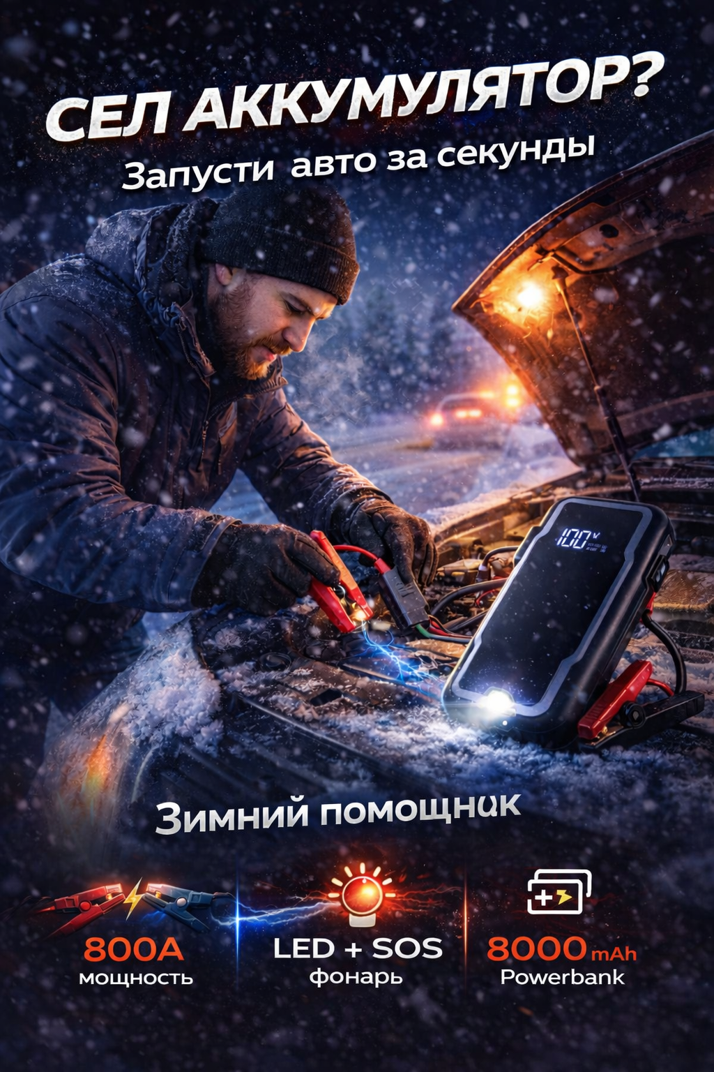 Пусковой устройство для автомобиля — Jump Starter с Powerbank 8000mAh и LED фонарём для зимы