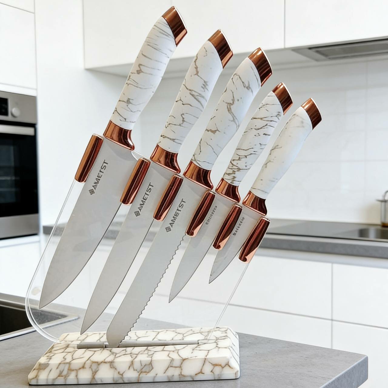 Набор кухонных ножей, 5 ножей, 1 подставка, белого цвета, оригинал