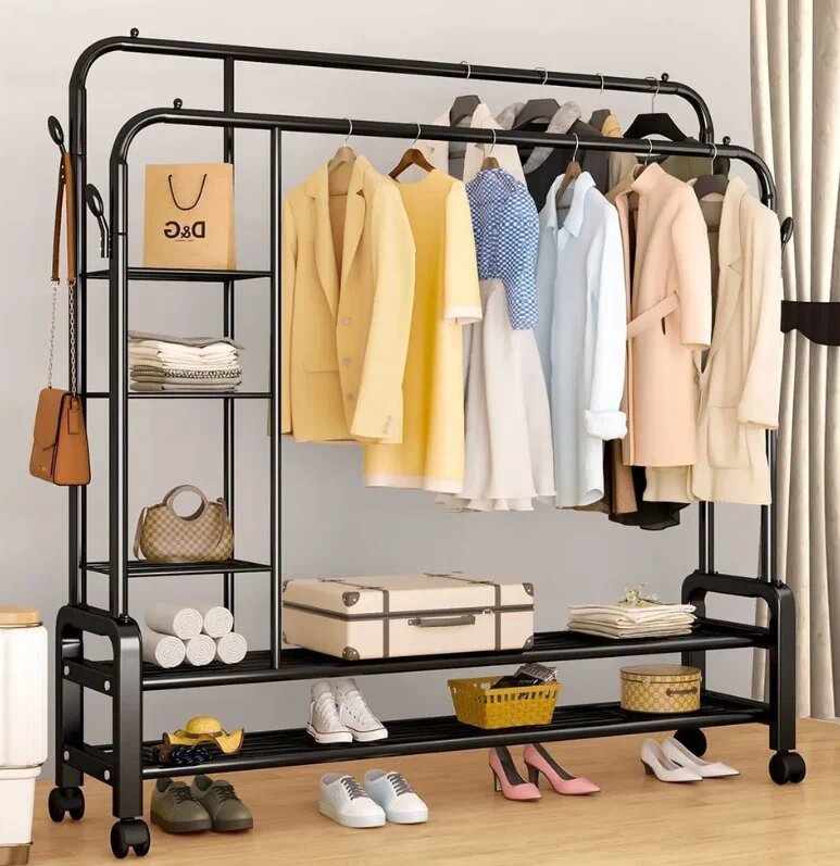 Напольная вешалка/Компактная вешалка с полками и крючками/Организатор одежды , для одежды в прихожую, металлическая