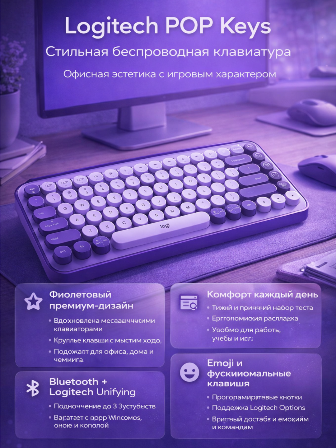 Механическая клавиатура Logitech POP Keys, Bluetooth - Фиолетовый