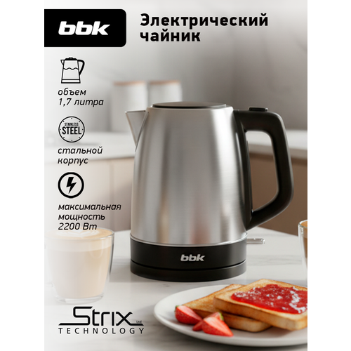 фото Чайник электрический bbk ek1765s черный/нержавеющая сталь, объем 1.7 л, мощность 1850-2200 вт, контроллер strix