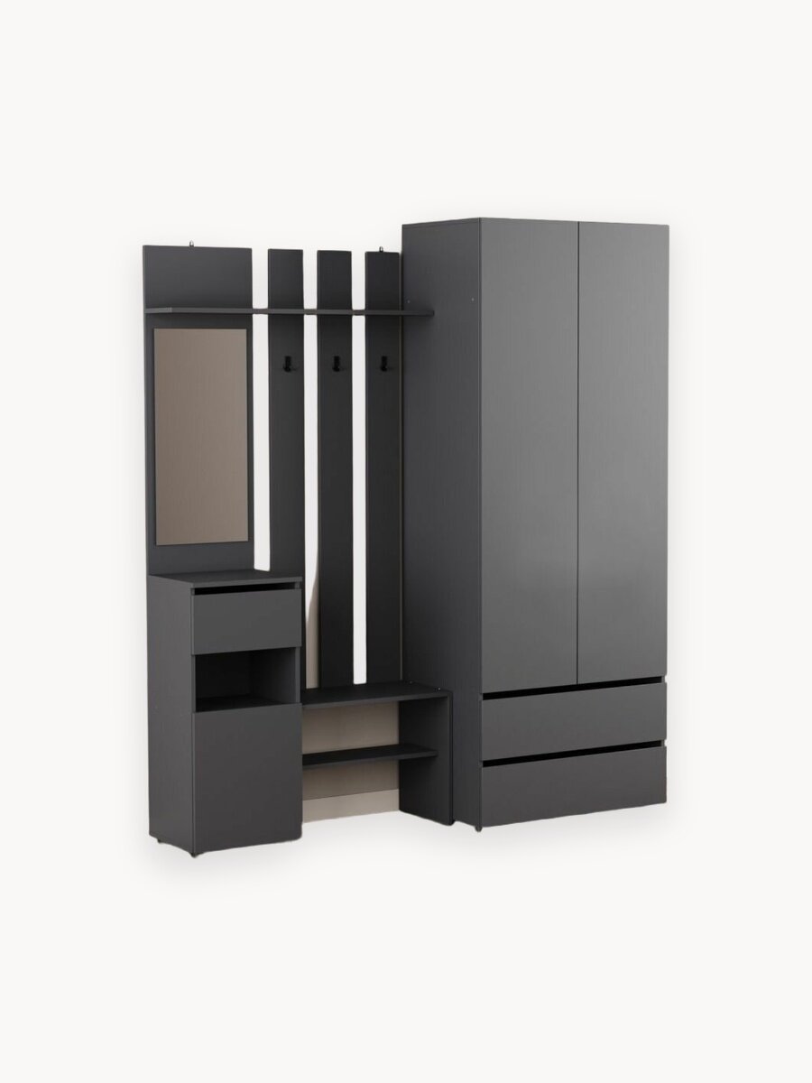 Прихожая комплект Тайлер, со шкафом, с зеркалом, с полками, с вешалками, с обувницей, 180.2х46.2х205.2 см, Графит