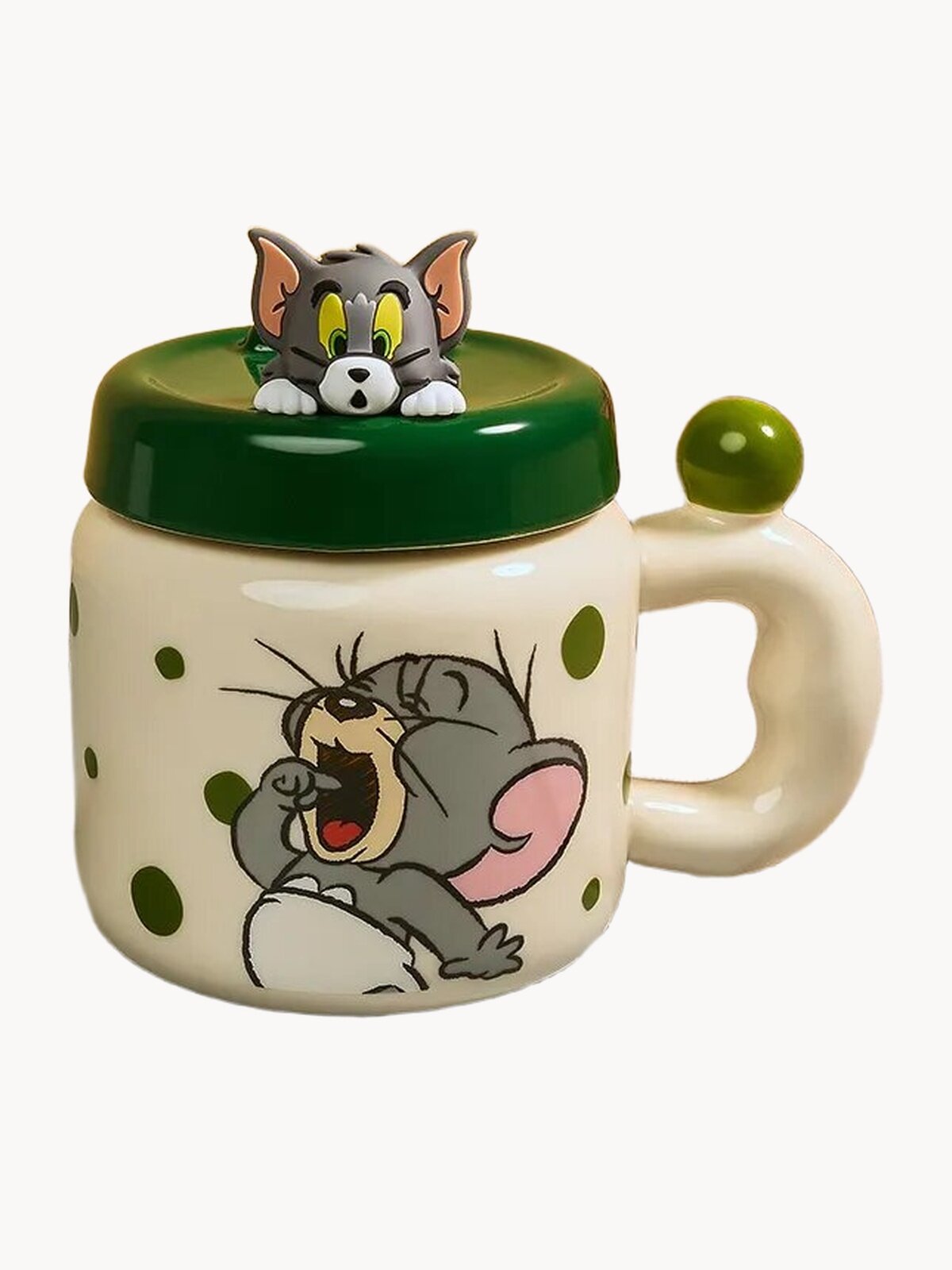 Кружка от бренда "Тепло в руках" - "Том и Джерри", керамическая, с крышкой, фигурная, зеленая