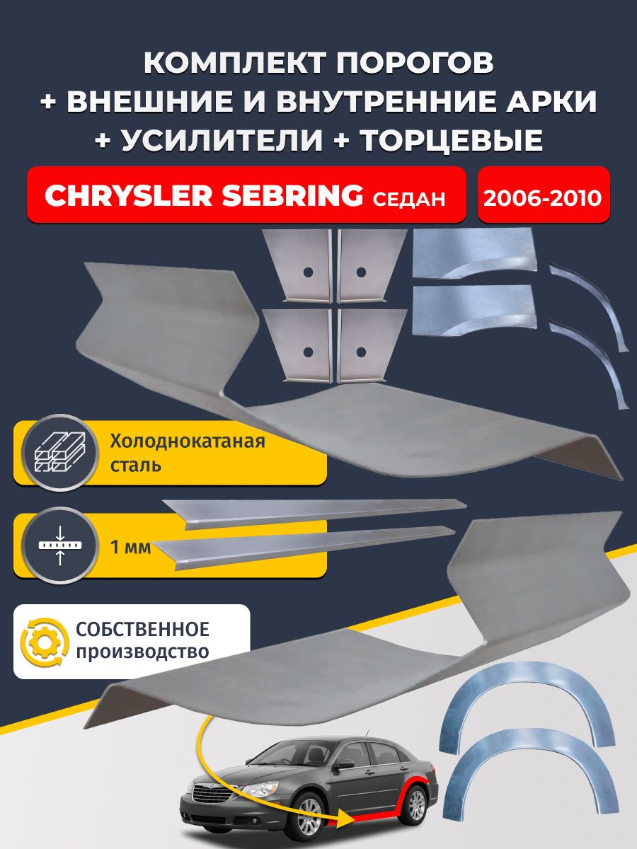 Комплект ремонтных задних внешних и внутренних арок (0,8 мм) + комплект порогов + 4 торцевые заглушки + усилители, на Chrysler Sebring 2006-2010 седан (Себринг 3) Холоднокатаная сталь 1 мм
