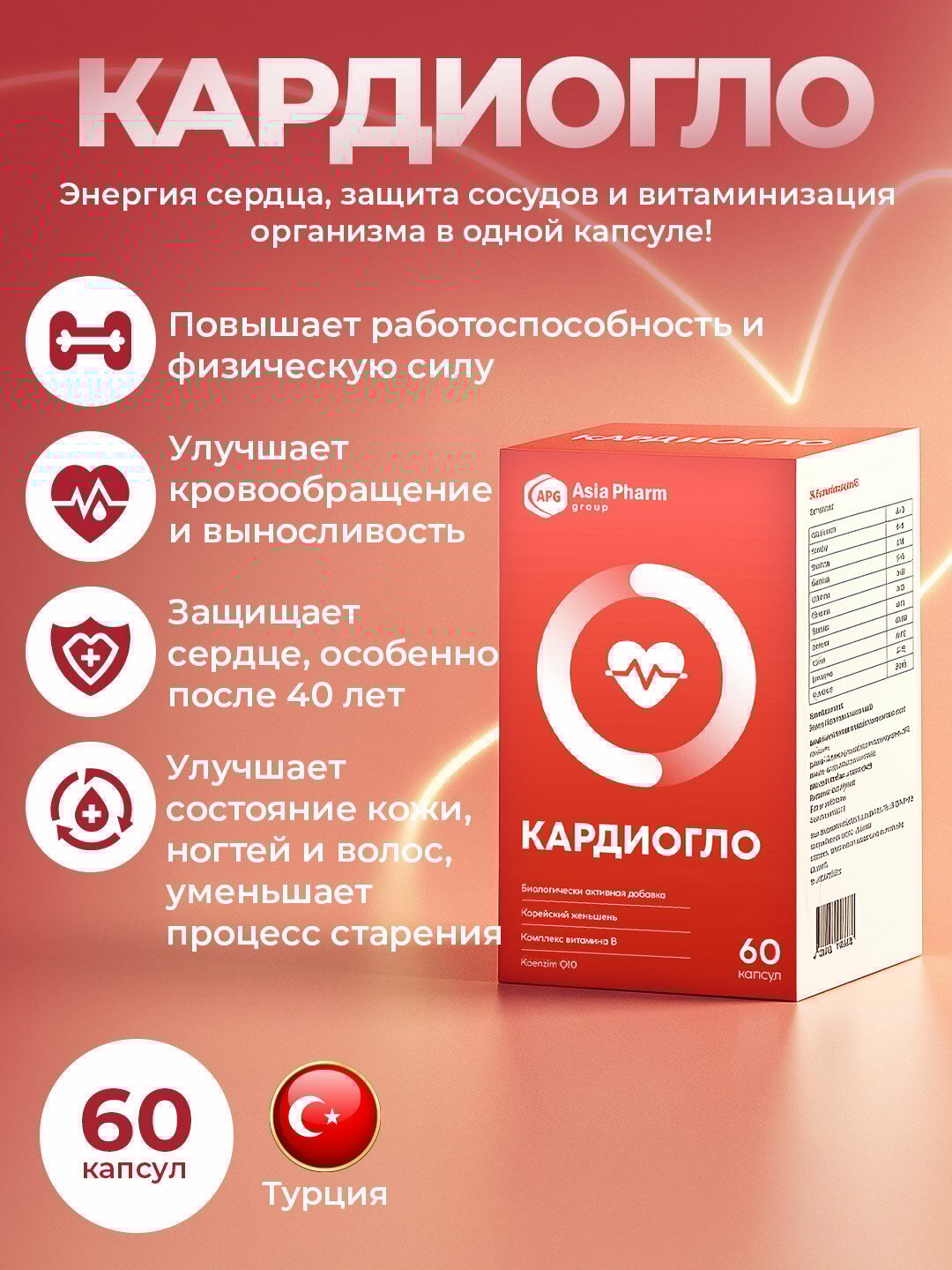 Кардиогло, коэнзим Q10, женьшень и витамины группы B для сердца, 30 капсул