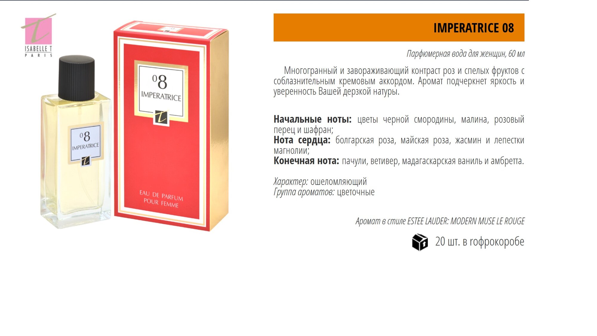 Парфюмерная вода Isabelle T Imperatrice 08 60мл, цветочный, восточный, женский