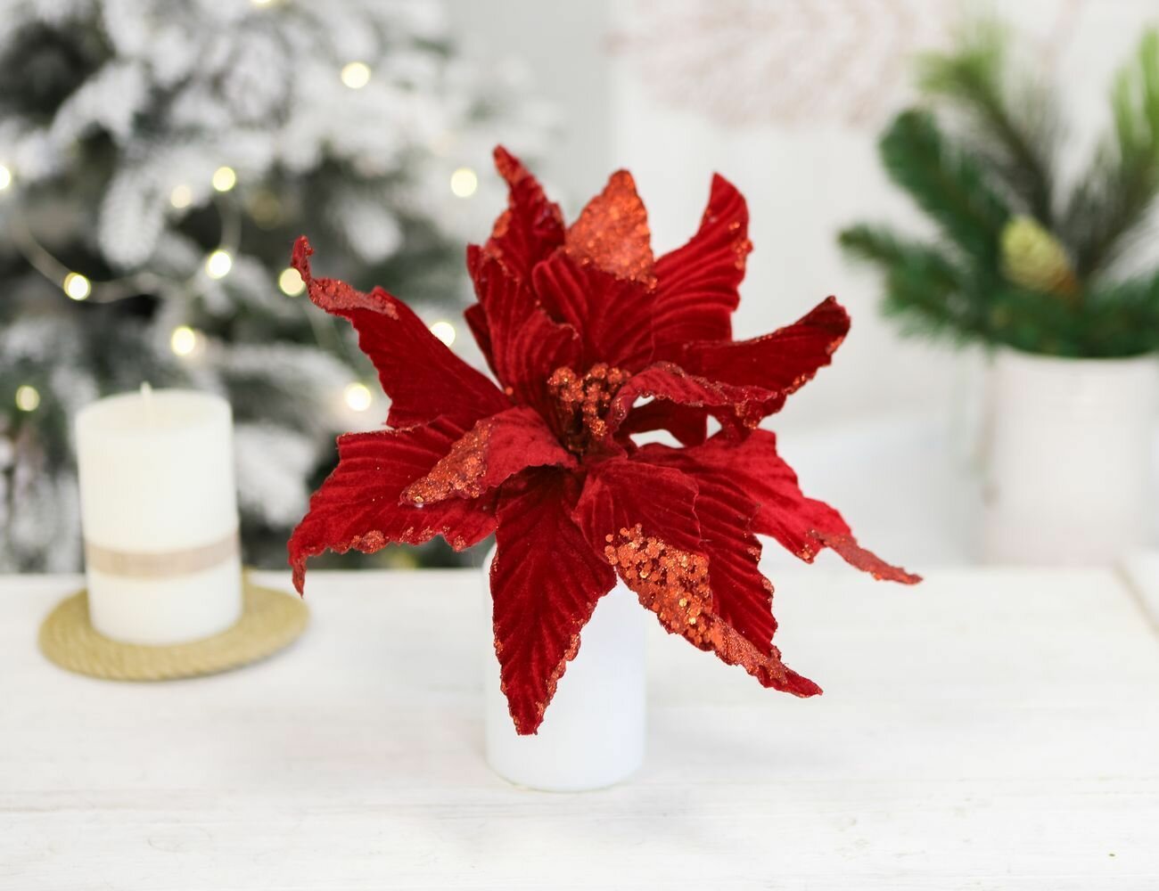 Пуансеттия мерцающий вельвет на клипсе полиэстер красная 27х35 см Edelman 1069118/83903