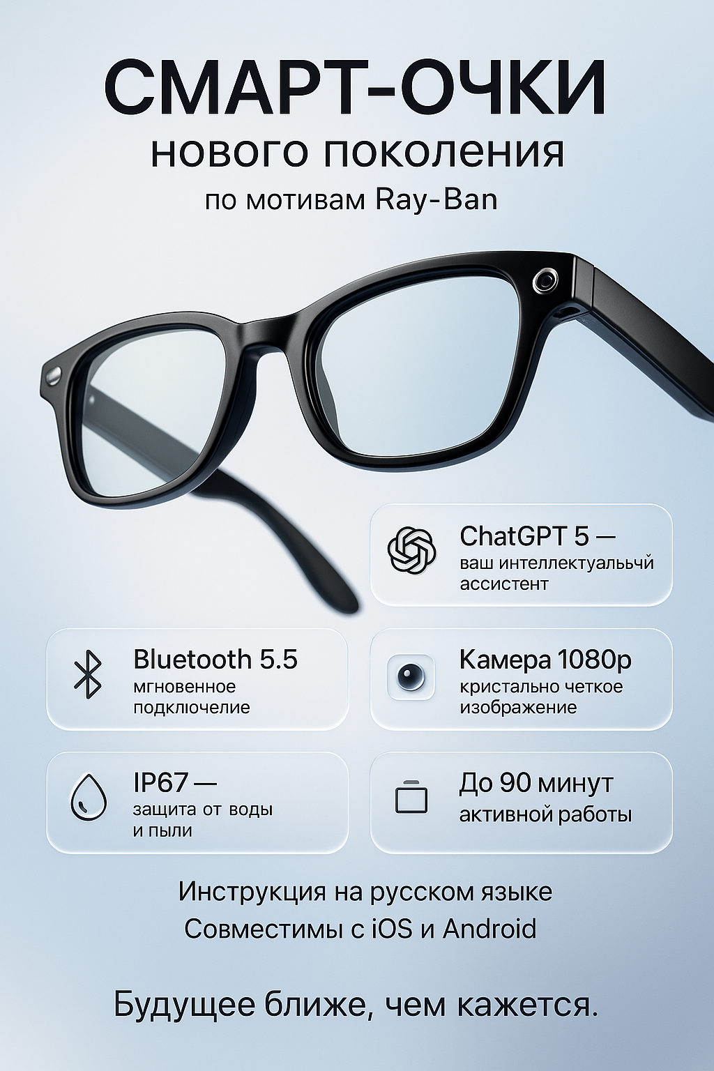 Умные очки — камера, Bluetooth, Wi-Fi, ChatGPT, микрофон, сенсорное управление