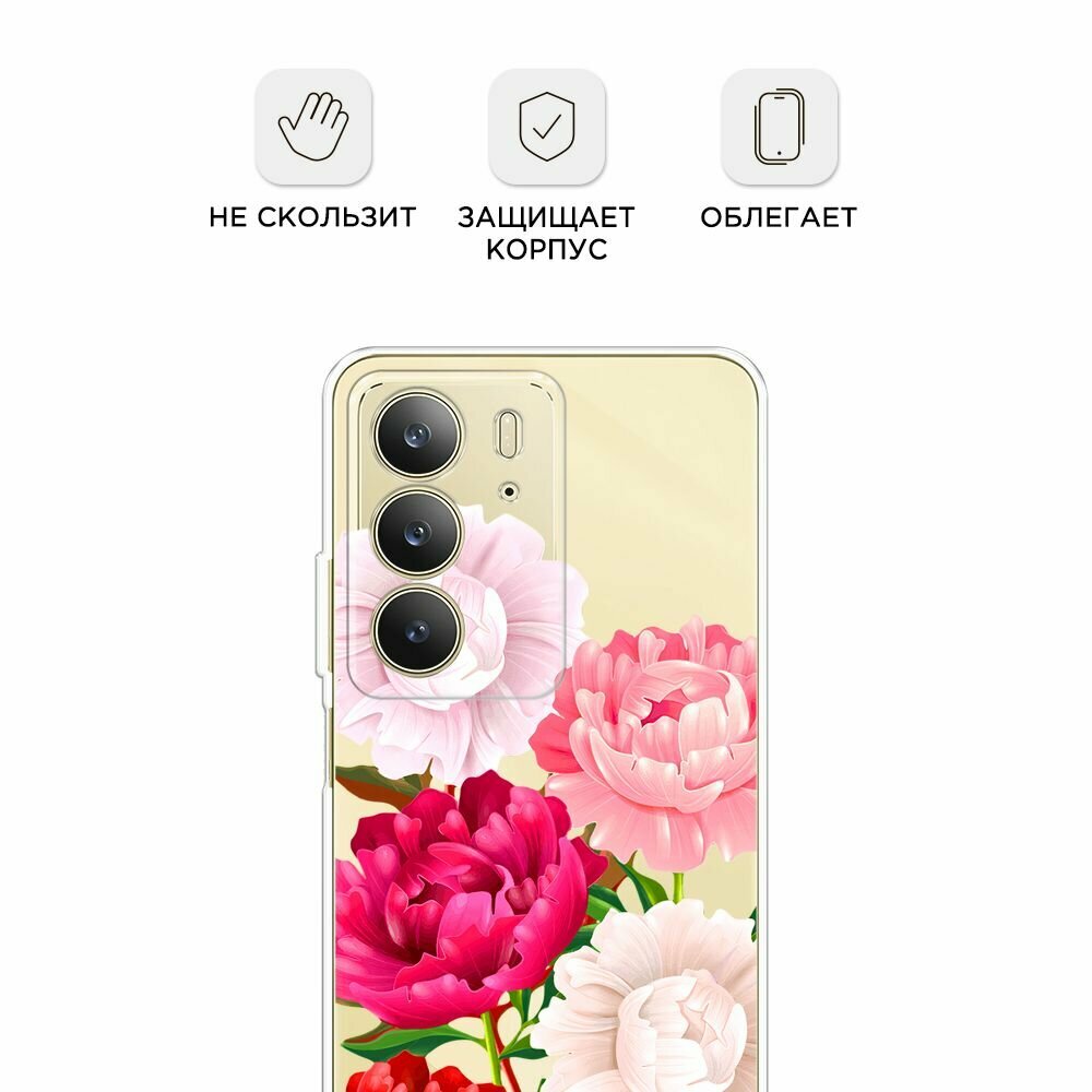 Чехол на Realme C75 4G / Реалми C75 4G с принтом "Большие пионы", прозрачный — фото 1