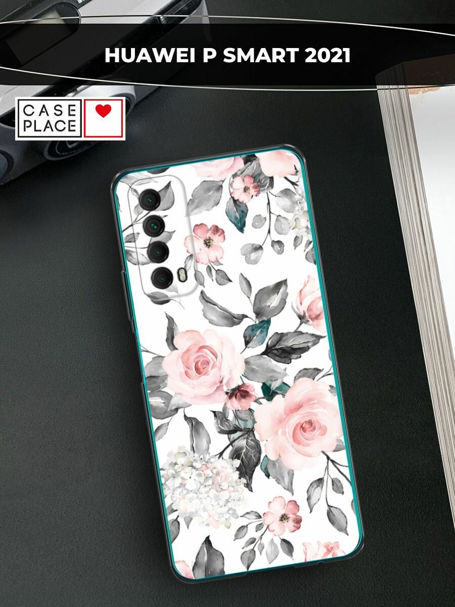 Чехол на Huawei P Smart 2021 / Хуавей П Смарт 2021 с принтом "Розы на белом"