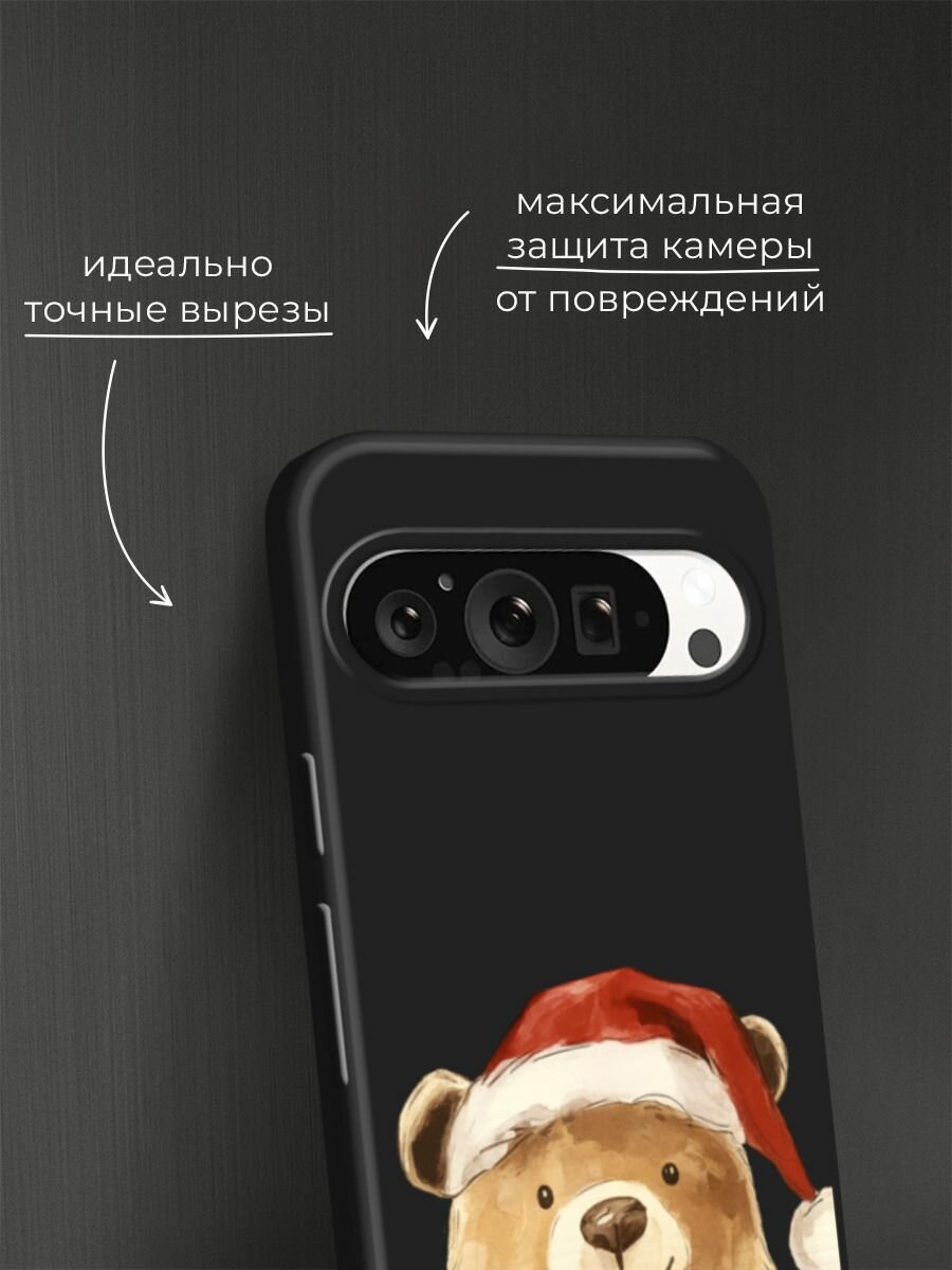 Черный матовый чехол на Google Pixel 9 Pro / Гугл Пиксель 9 Про с принтом "Медвежонок в шапочке" — фото 1