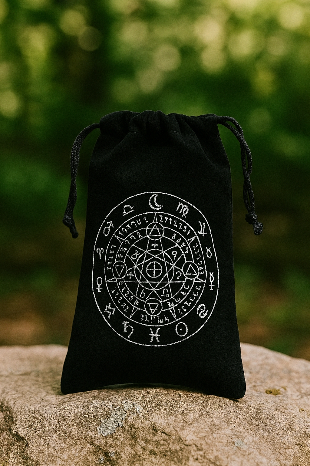 Чёрный бархатный мешочек для гадальных карт, рун, амулетов. Размер 14х15см . Метод нанесения изображения - термоперенос.