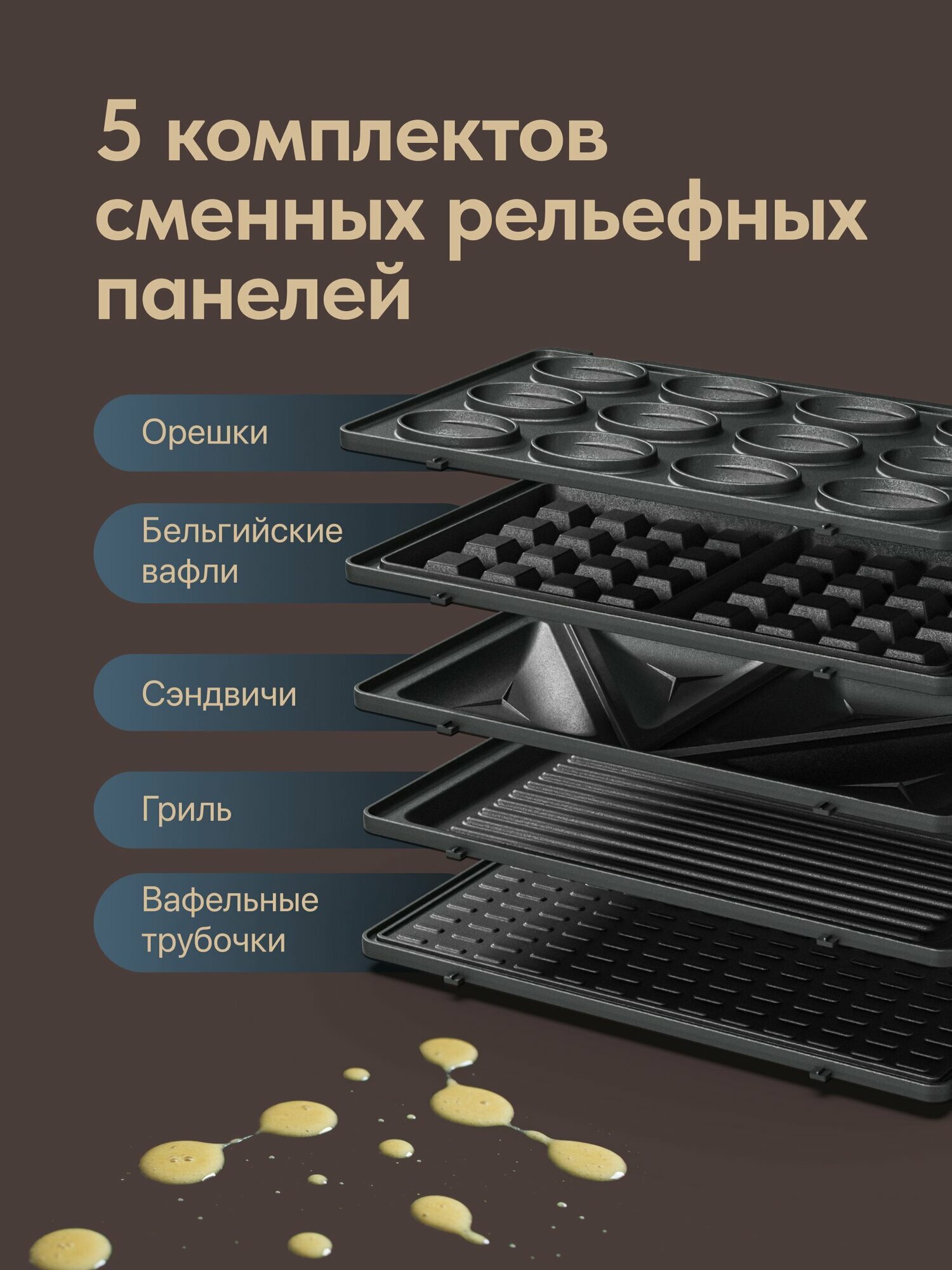 Вафельница электрическая для венских вафель, с антипригарным покрытием и пятью сменными панелями (орешки, сэндвич, вафельные трубочки, бельгийская) — фото 1