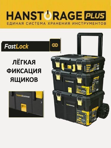 Изображение товара Система хранения Hanstorage PLUS (Hanskit3) HSP3KIT. 3 основных ящика, включая крупный с телескопической ручкой и колёсами 8" (200 мм). HSP622 + HSP280 + HSP165