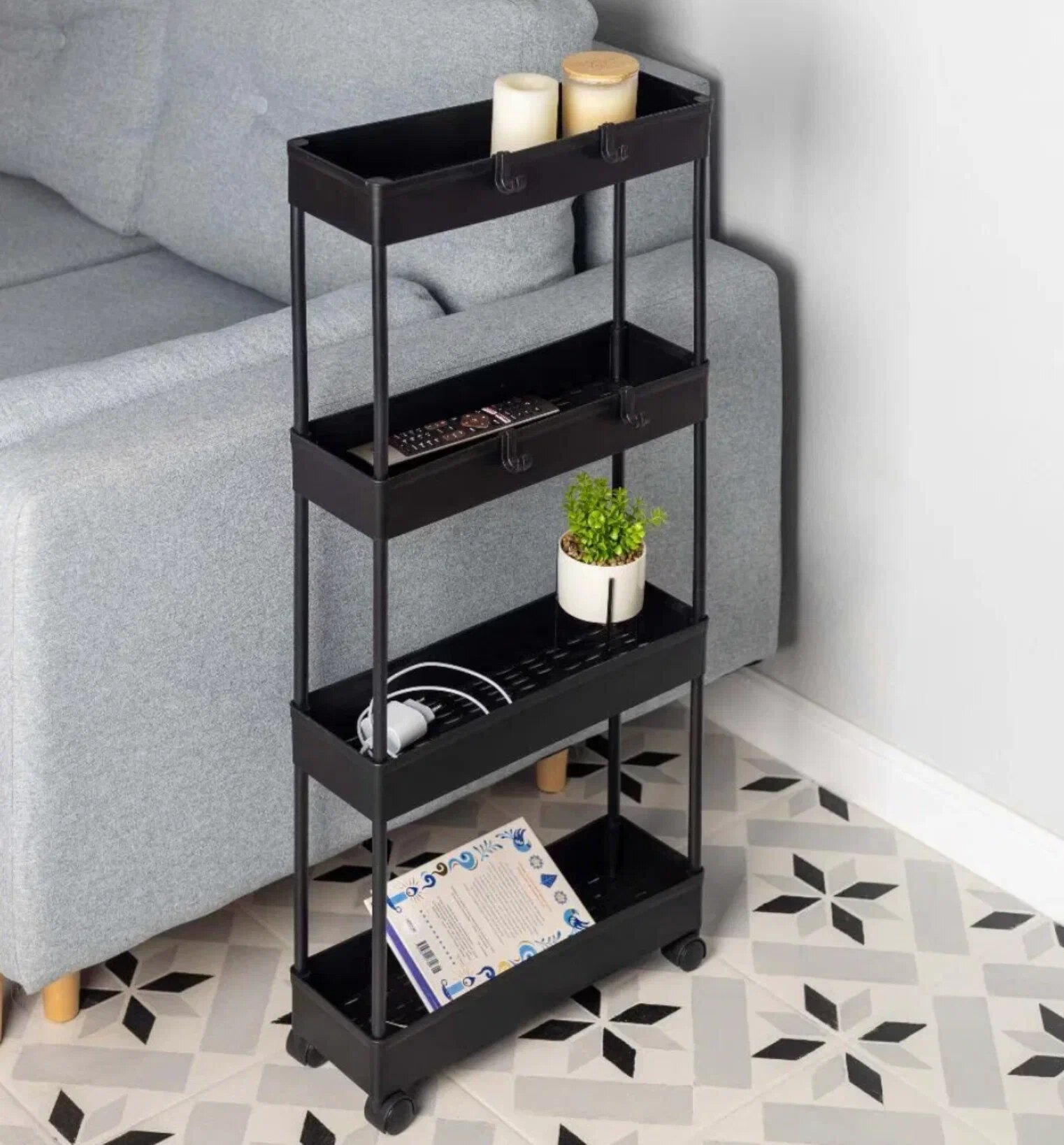Этажерка на колесиках универсальная 4 яруса для ванной для кухни пластиковая узкая черный