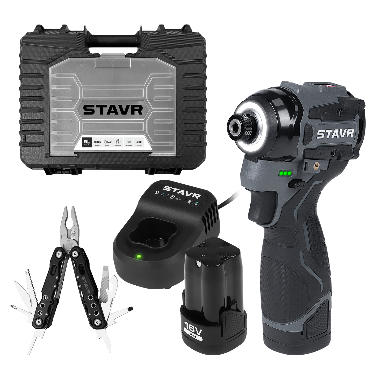 Ударный шуруповёрт STAVR X-CLUSIVE SID 16BL-160V-2K, 16 В, 2x2 Ач, зарядное устройство, кейс — фото 1
