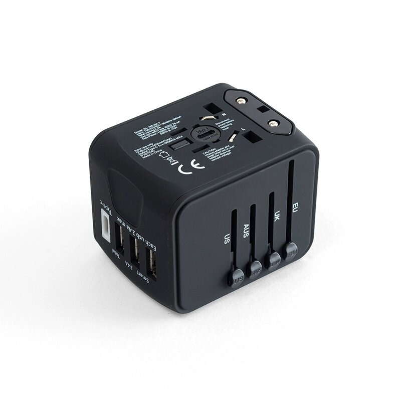 Универсальная розетка для путешествий 2000W с 3 портами USB и 1 Type-C, быстрая зарядка, черный цвет