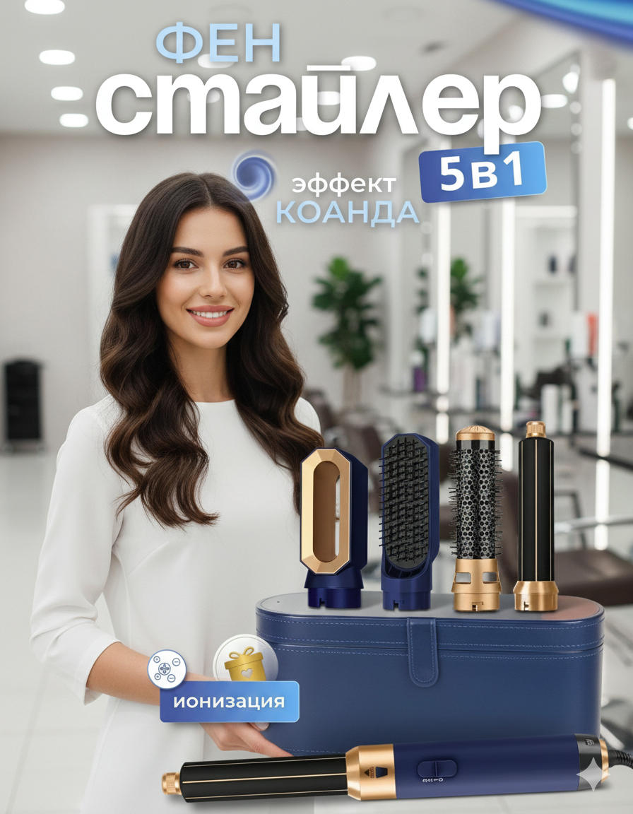 Профессиональный фен Dyson для сушки и для укладки волос + подарочный кейс, Дайсон 5 в 1. с ионизацией.