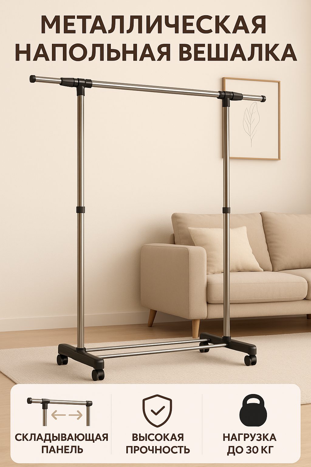 Вешалка напольная для одежды металлическая, чёрная, с полкой для обуви.