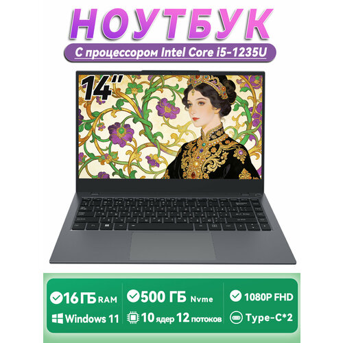 Ноутбук 14", Intel Core i5-1235U, RAM 16 ГБ, SSD 500 ГБ, Intel HD Graphics, Windows 11 Pro（Русский расклад）