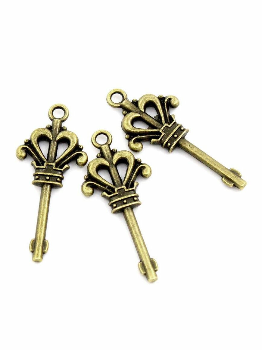 Подвеска "Ключ с короной", античная бронза, 10 штук. — фото 1