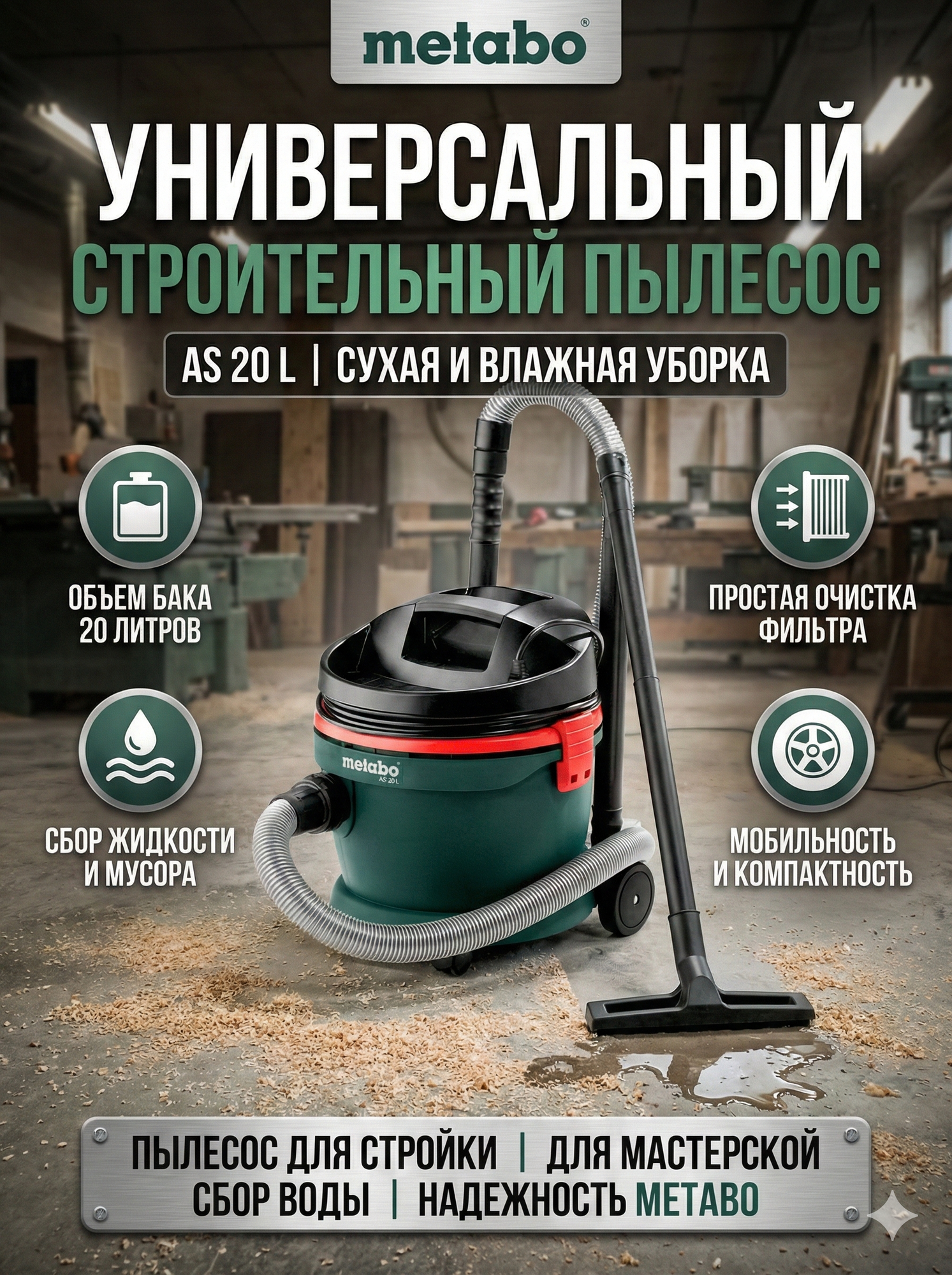 Универсальный строительный пылесос Metabo AS, 20 л, (602012000)